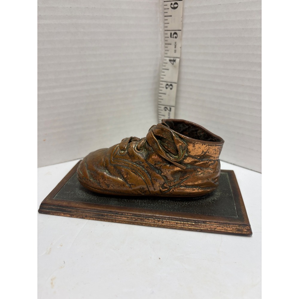 Copper Plated Baby Shoe Keepsake Mounted Metal Base Paperweight Vintage